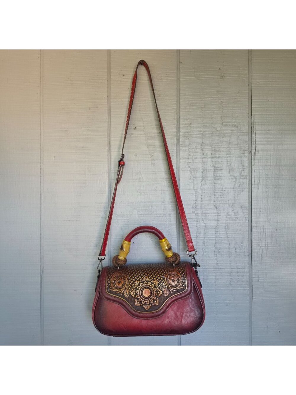 Tooled Floral Western Satchel Bag Burgundy Boho Crossbody Festival Concert